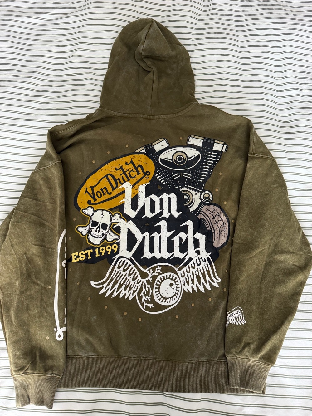 Von Dutch Olive Green Pullover Hoodie with Bold Back Graphic